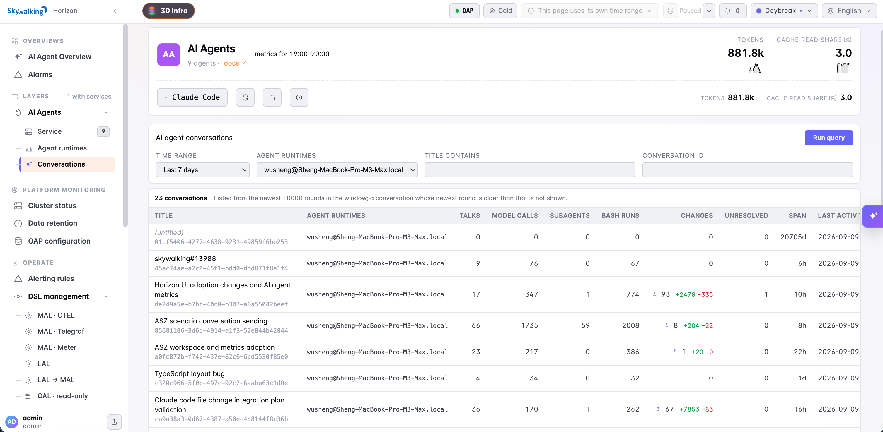 SkyWalking&rsquo;s AI Agents Conversations tab with runtime and title filters, activity counts, and recorded change totals.