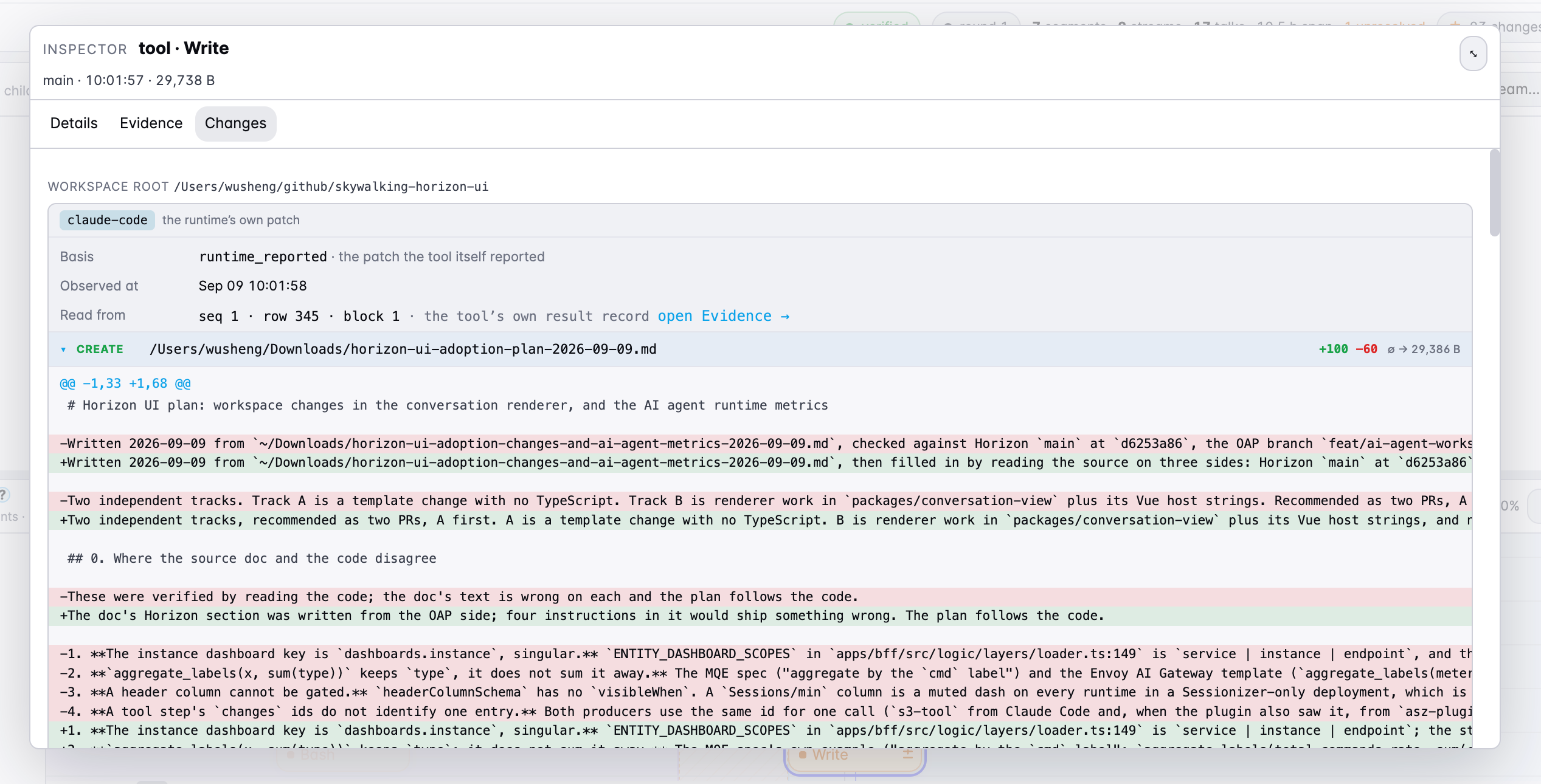 A Write tool&rsquo;s Changes inspector, showing the reported patch, its source location, and a unified diff.