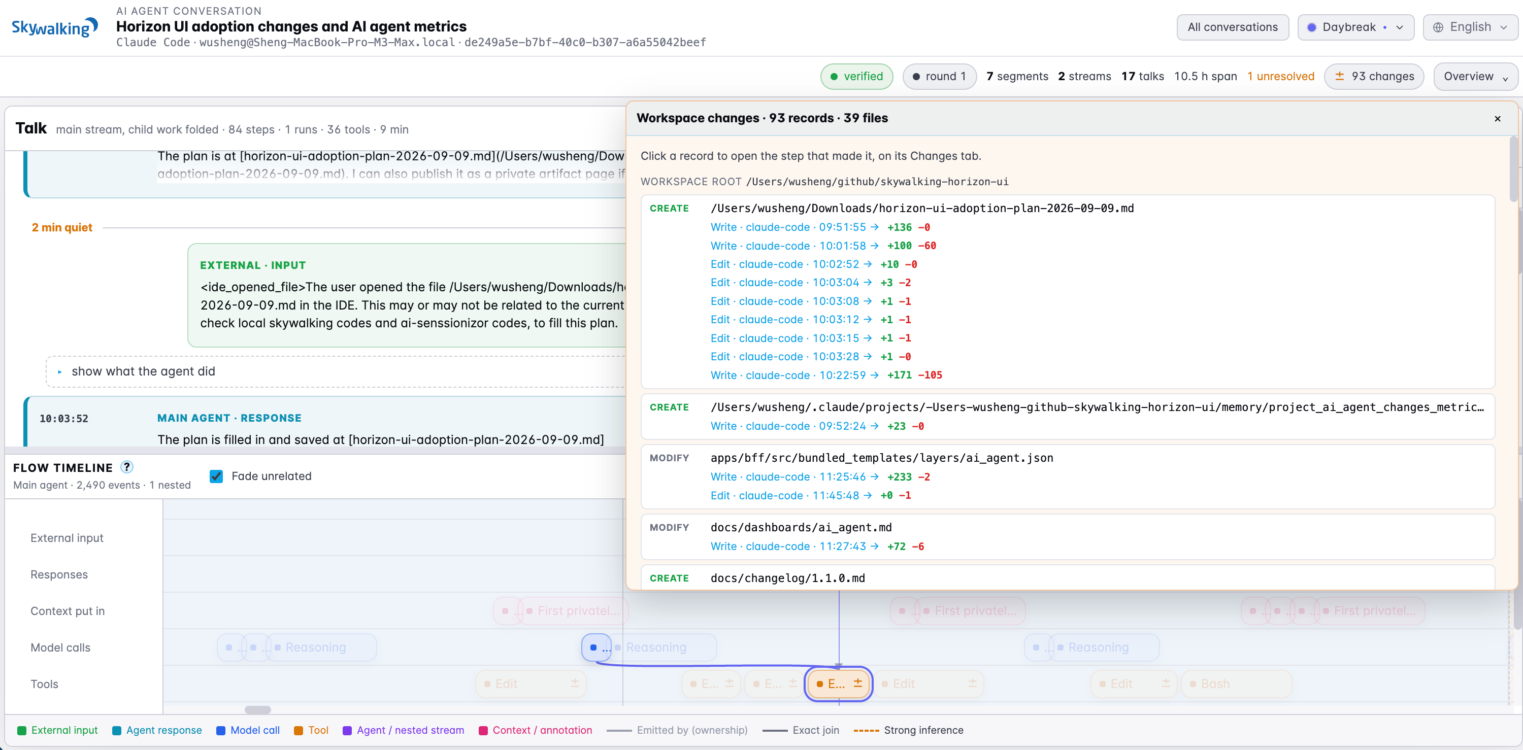 The conversation-wide Workspace changes panel, grouping recorded edits by workspace and file.