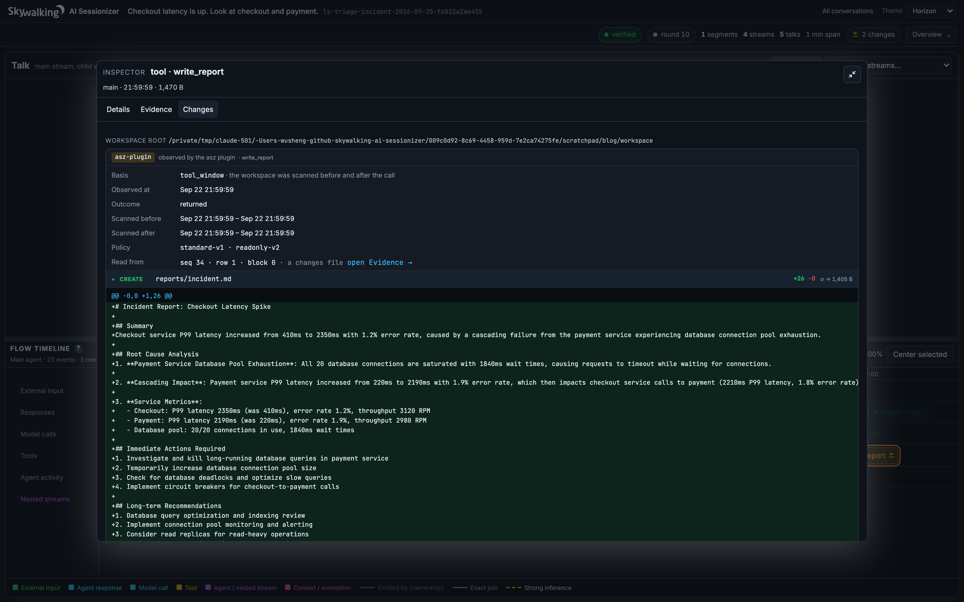 Figure 5: The second turn&rsquo;s write_report tool step in the expanded inspector, with the file it created and the diff of the report the agent wrote.